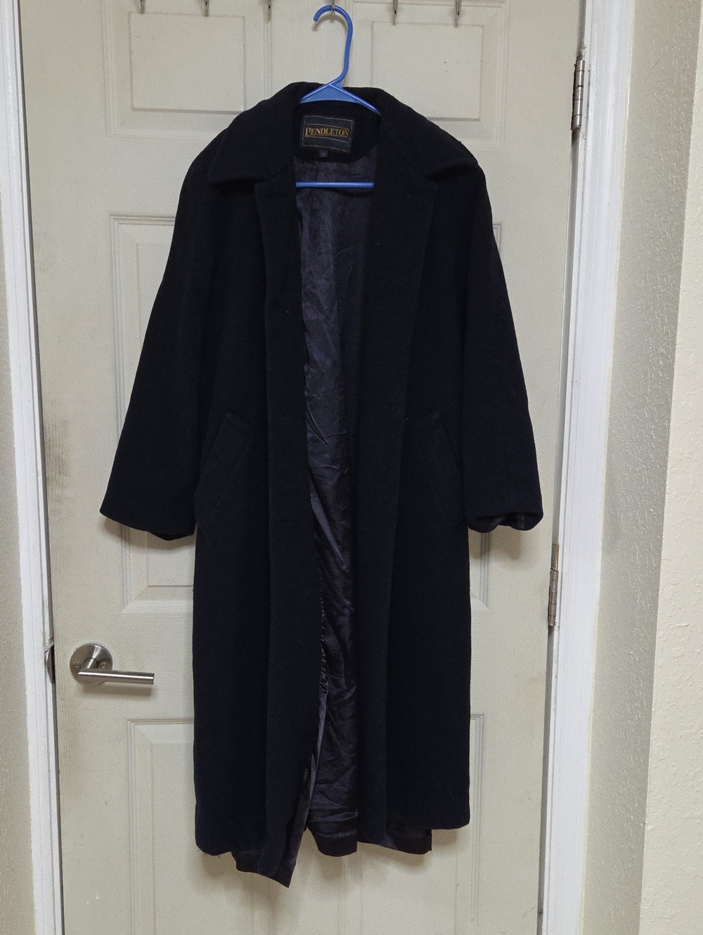Vintage Pendleton Long Pure Virgin Wool Trench Overcoat Jacket Black Size 10P.
